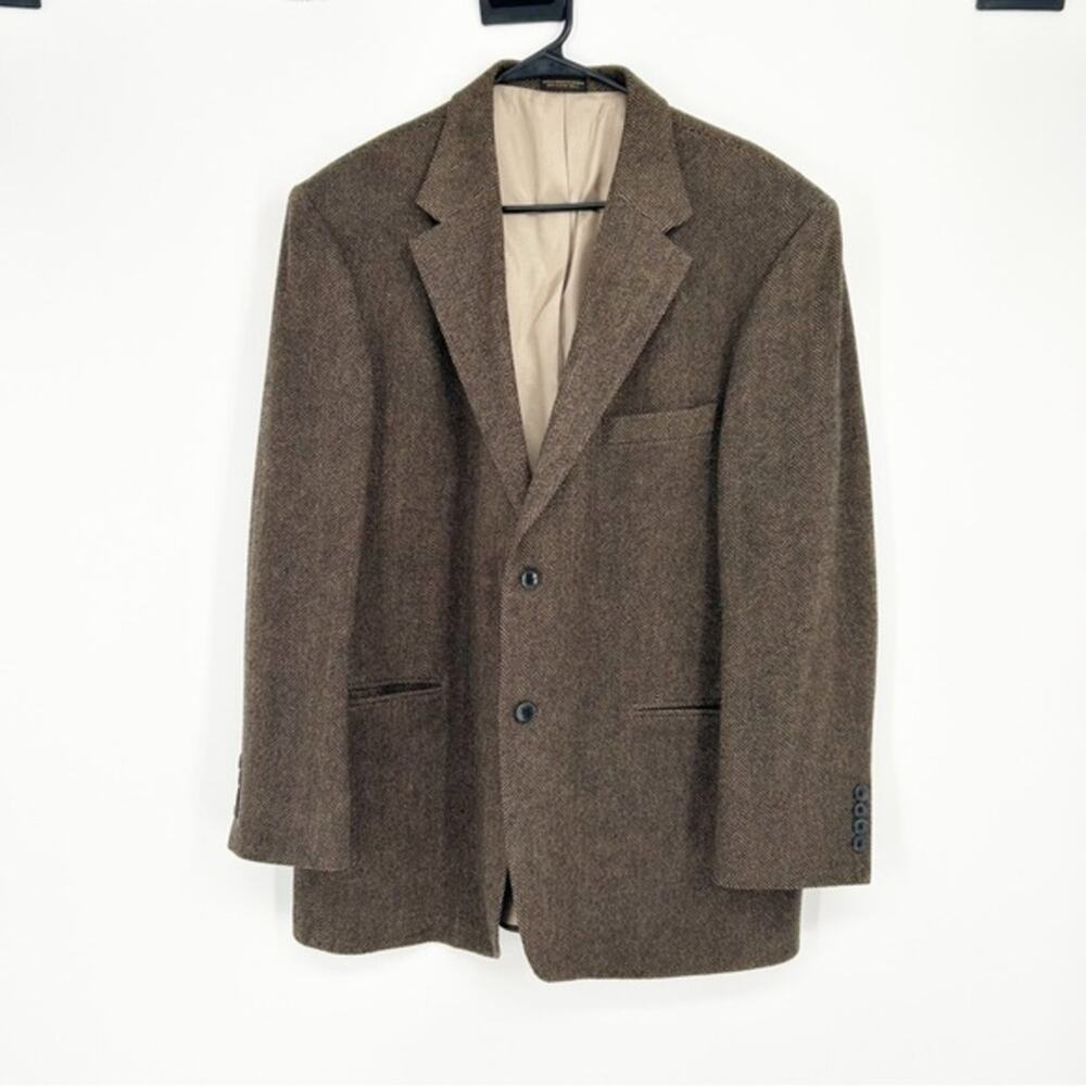 Oscar De La‎ Renta Brown Herringbone Wool Blazer Size 43R